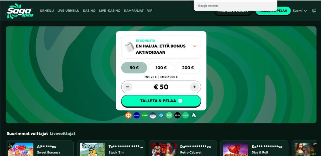 Kuvakaappaus sivustolta sagaspins22.com