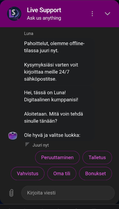 Lunarspins Casinon live chat