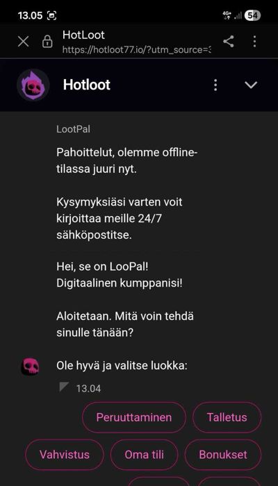Keskustelu HotLootin live chatin kanssa