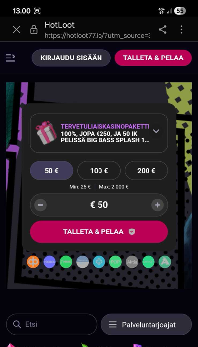 Tervetulobonus HootLootilla testipäivänämme