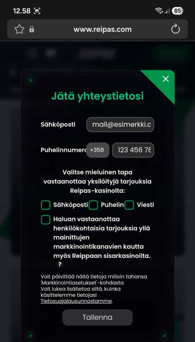 Reipas pyytää syöttämään yhteystiedot