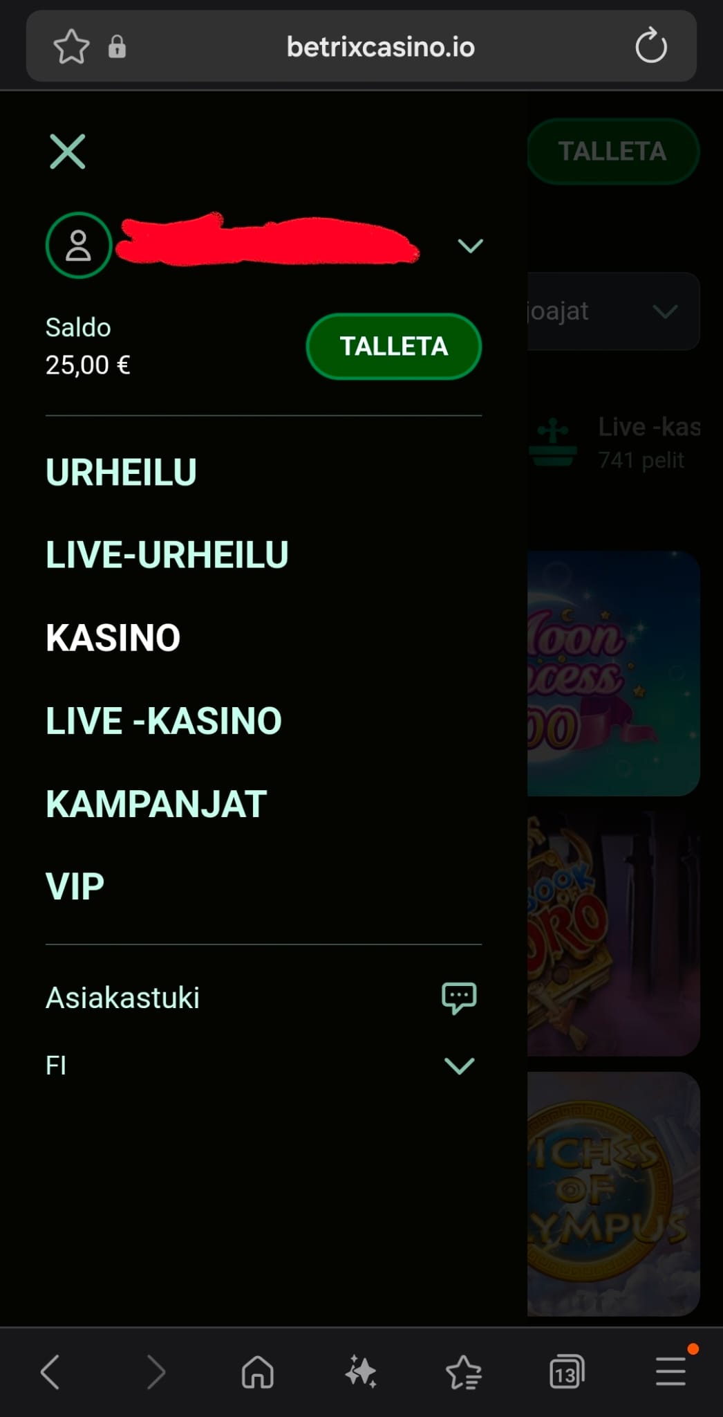 25 euroa pelitilillä