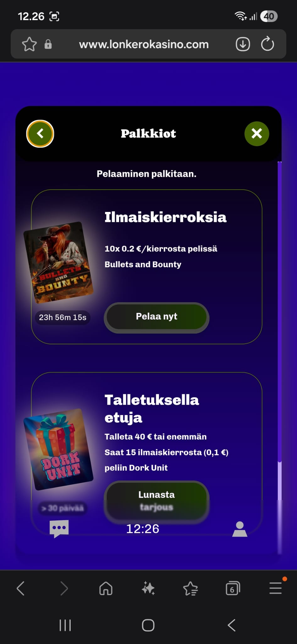 Lonkero tarjoaa usein bonuksia