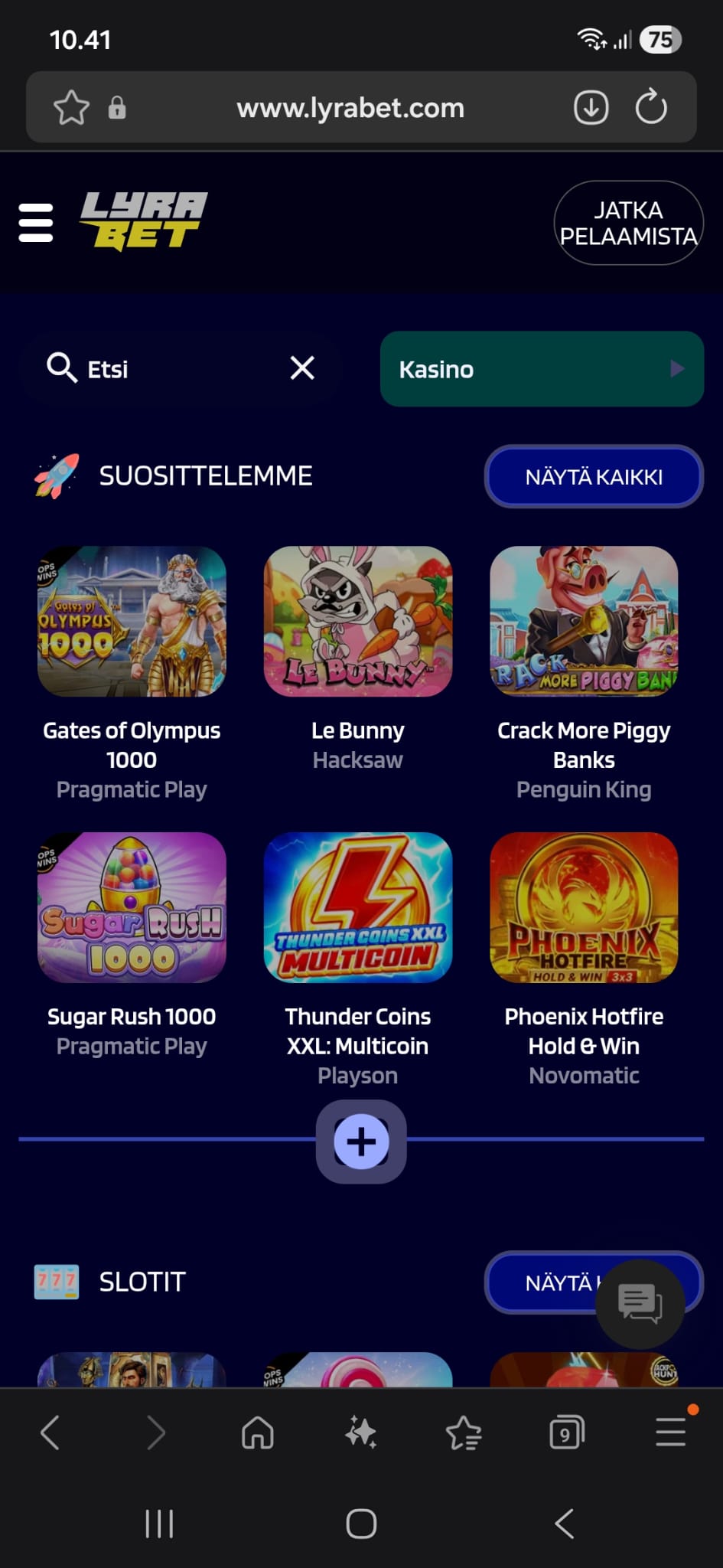 Tältä näyttää etusivu