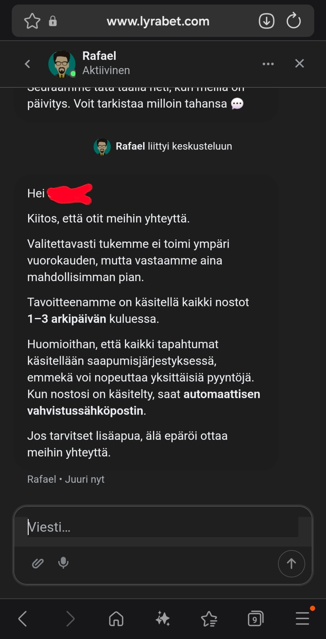 Lyrabet Casinon live chat