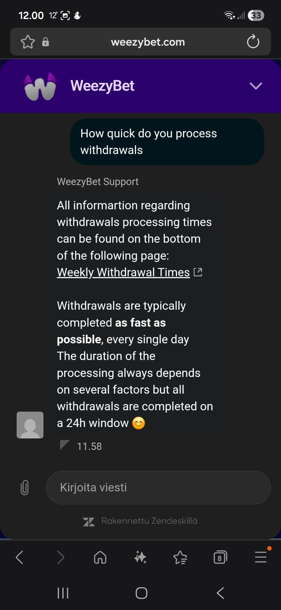 Tuki vastaili englanniksi