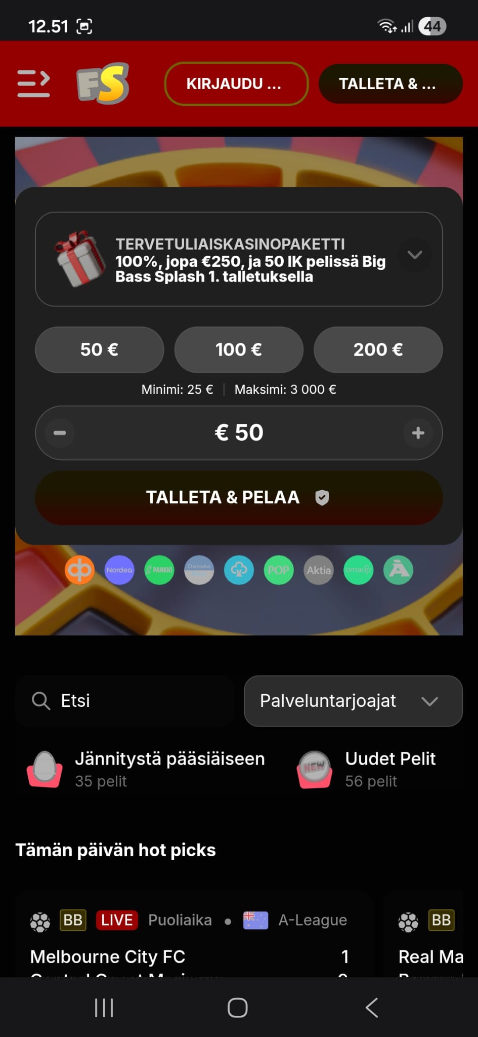 Tältä etusivu näyttää mobiilissa